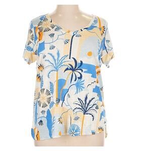 Nicole Miller NY 100% Linen Tropical Palm Print Blouse Womens 1X Resort Coastal